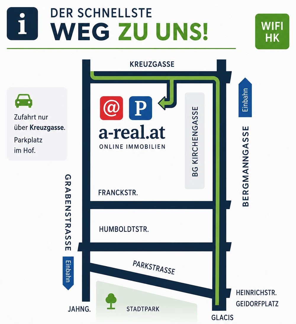 Anfahrtsskizze zu a-real.at Immobilien, Kreuzgasse 4, 8010 Graz